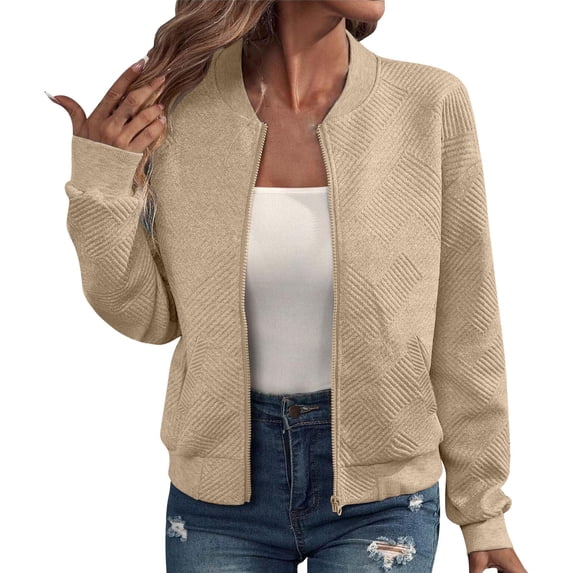 Women's Lightweight Full Zip Cropped Jacket, Spring Autumn Transition Long Sleeve Coat with Pockets, Soft Breathable Air Layer Fabric for Athletic Workout, Sport, and Casual Daily Wear Beige XL