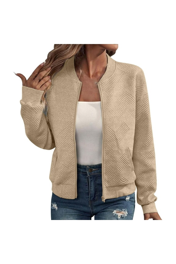 Women's Lightweight Full Zip Cropped Jacket, Spring Autumn Transition Long Sleeve Coat with Pockets, Soft Breathable Air Layer Fabric for Athletic Workout, Sport, and Casual Daily Wear Beige L