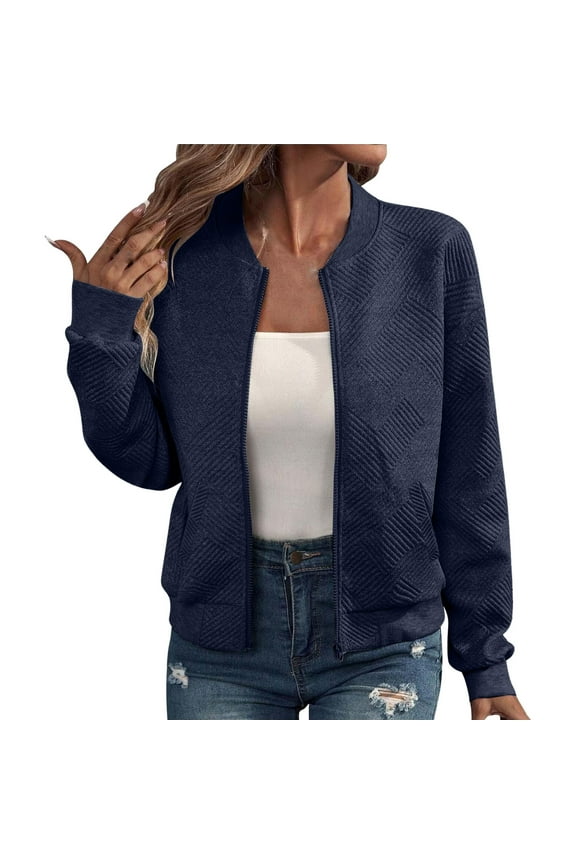 Women's Lightweight Full Zip Cropped Jacket, Spring Autumn Transition Long Sleeve Coat with Pockets, Soft Breathable Air Layer Fabric for Athletic Workout, Sport, and Casual Daily Wear Navy XXL