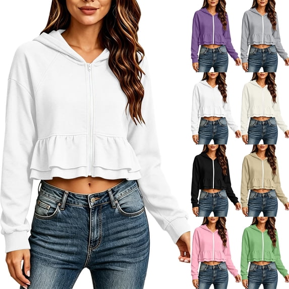 Women's Lightweight Full Zip Hoodie Sweatshirt Long Sleeve Ruffle Flared Hem Hooded Tops Casual Daily Look.