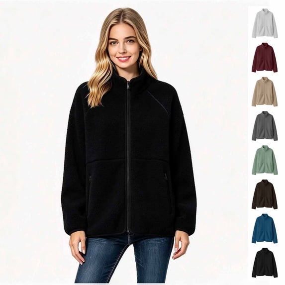 Women's Lightweight Full Zip Long Sleeve Jacket, Stand Collar Fleece Jacket with Pockets, Women's ,Size S-2XL