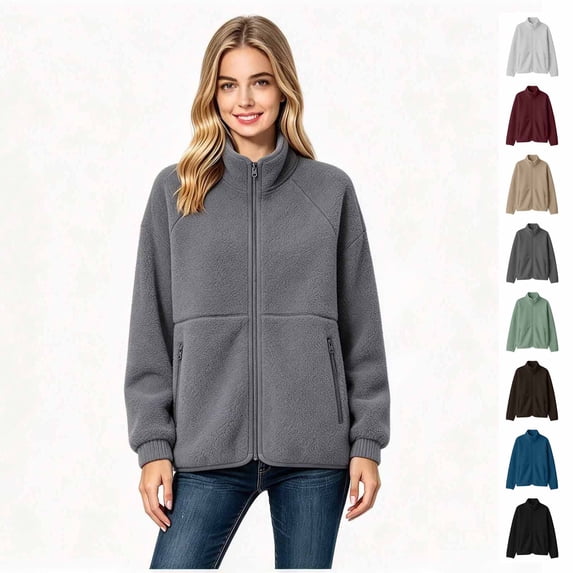 Women's Lightweight Full Zip Long Sleeve Jacket, Stand Collar Fleece Jacket with Pockets, Women's ,Size S-2XL