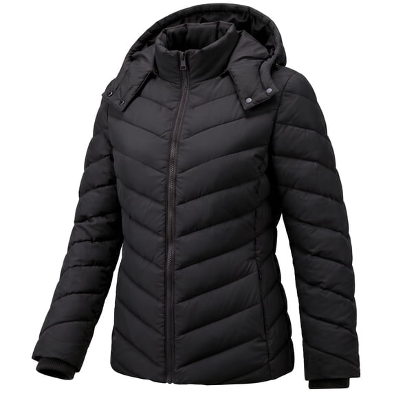 Women's Lightweight Full-Zip Puffer Jacket with Hood Quilted Waterproof Winter Coat, Black