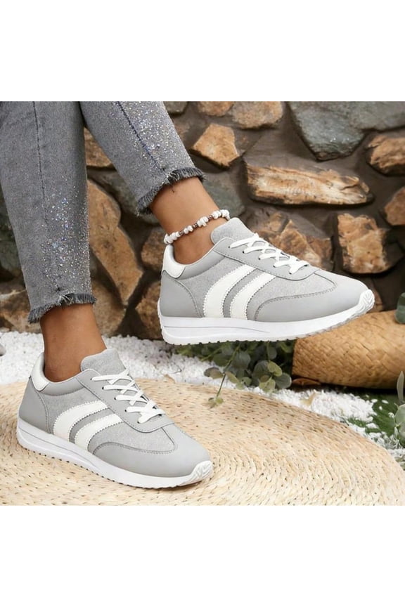 Women’s Lightweight Geometric Retro Casual Sports Sneakers - Spring Summer New Design, White With Green & Red Accents, Round Toe Synthetic Leather, EVA/PVC Cushioned Sole, All-Season Comfort For