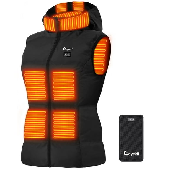 Women's Lightweight Heated Vest with Detachable Hood - Includes 7.4V 16000mAh Battery Pack (Black,L)