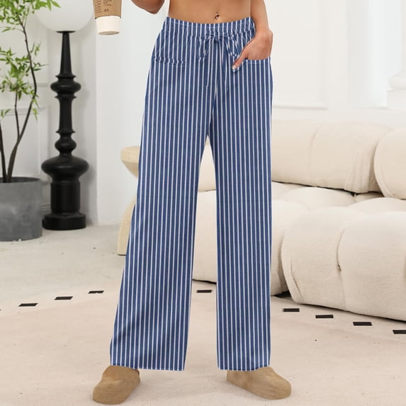 Women's Lightweight High Waisted Drawstring Adjustable Loose Wide Leg Lounge Pants with Pockets Trousers Navy L