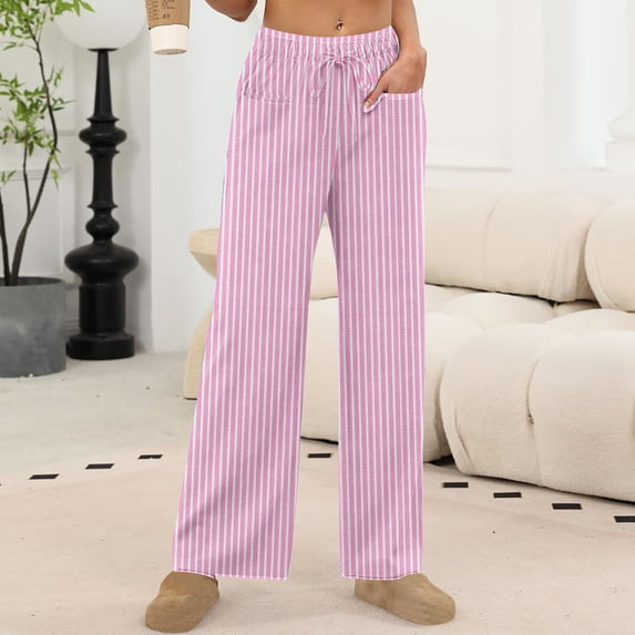 Women's Lightweight High Waisted Drawstring Adjustable Loose Wide Leg Lounge Pants with Pockets Trousers Pink M