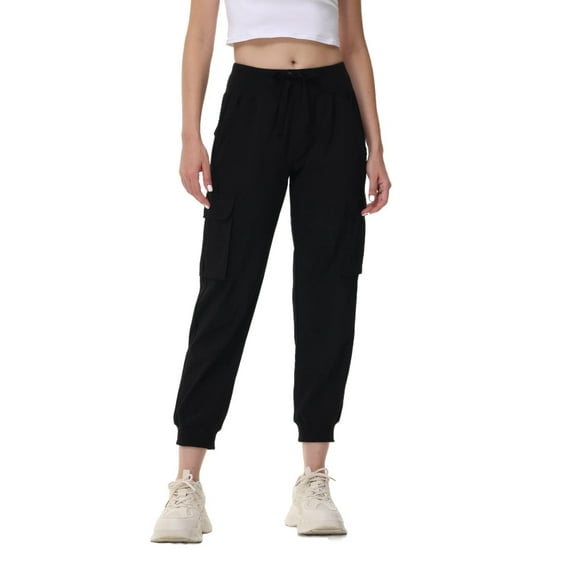 Women's Lightweight Hiking Cargo Pants Outdoor Quick Dry Casual Travel Sweatpants Joggers Elastic Waist Button Pockets Black L