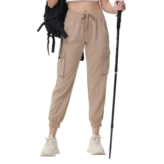 Women's Lightweight Hiking Cargo Pants Outdoor Quick Dry Casual Travel Sweatpants Joggers Elastic Waist Button Pockets Khaki L