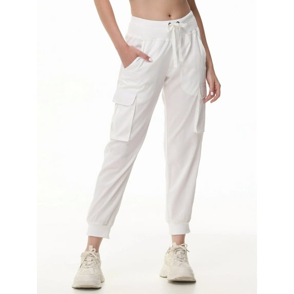 Women's Lightweight Hiking Cargo Pants Outdoor Quick Dry Casual Travel Sweatpants Joggers Elastic Waist Button Pockets White XL