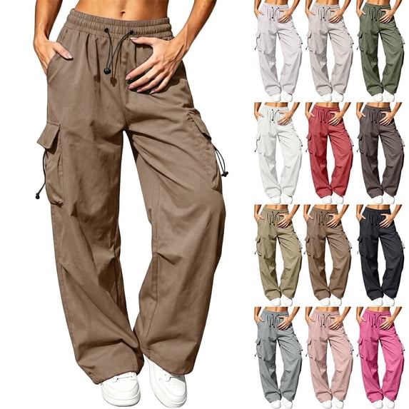 Women's Lightweight Hiking Cargo Pants Outdoor Quick Dry Casual Travel Sweatpants Wide Leg Elastic Waist Button Pockets