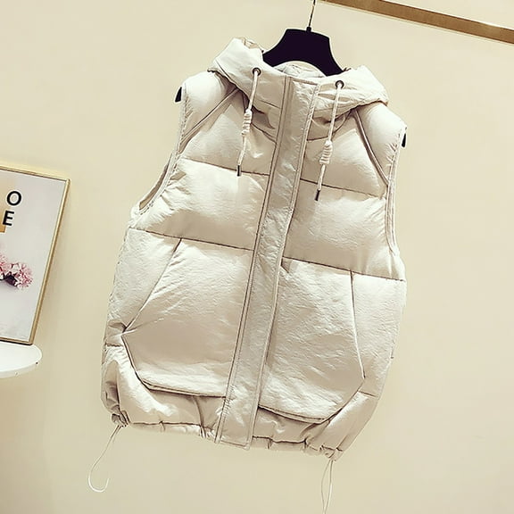 Women's Lightweight Hooded Cropped Puffer Vest Quilted Padded Zip up Sleeveless Jacket Lapel Waistcoat for Women with Pockets