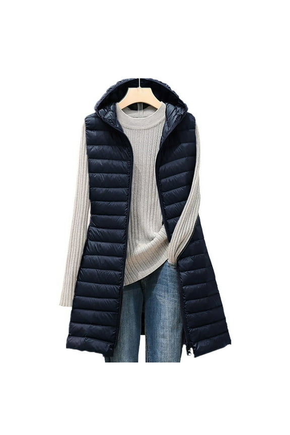 Women's Lightweight Hooded Down Vest, Mid-Length Sleeveless Puffer, Thin Quilted Vest, Casual Layering Piece, Cold Weather Vest Navy L
