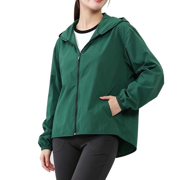 Women's Lightweight Hooded Jacket Long Sleeve Zip Up Breathable Solid Color Outerwear with Pockets Army Green XXL
