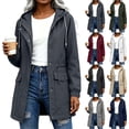 thumbnail image 1 of Women's Lightweight Hooded Raincoat Solid Color Mid Length Hooded Drawstring Waterproof Jacket With Snap Button And Zip Closure Elastic Cuffs And Back Cord Casual Outdoor Windbreaker, 1 of 9