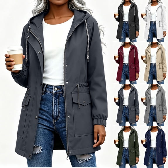 Women's Lightweight Hooded Raincoat Solid Color Mid Length Hooded Drawstring Waterproof Jacket With Snap Button And Zip Closure Elastic Cuffs And Back Cord Casual Outdoor Windbreaker