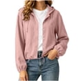 thumbnail image 1 of Women's Lightweight Hoodie Jacket Linen Blend Long Sleeve Button Down Cropped Coat Drawstring Hem Casual Daily Outerwear with Pockets Pink, 1 of 9