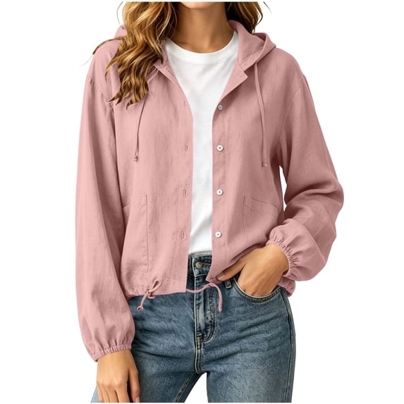 Women's Lightweight Hoodie Jacket Linen Blend Long Sleeve Button Down Cropped Coat Drawstring Hem Casual Daily Outerwear with Pockets Pink
