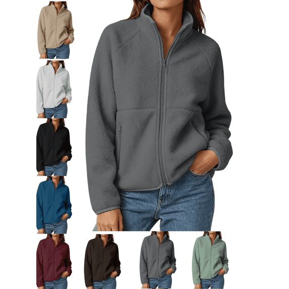 Women's Lightweight Jacket Full Zip Mock Neck Casual Long Sleeve Outwear with Zippered Pockets Fall Winter Fashion