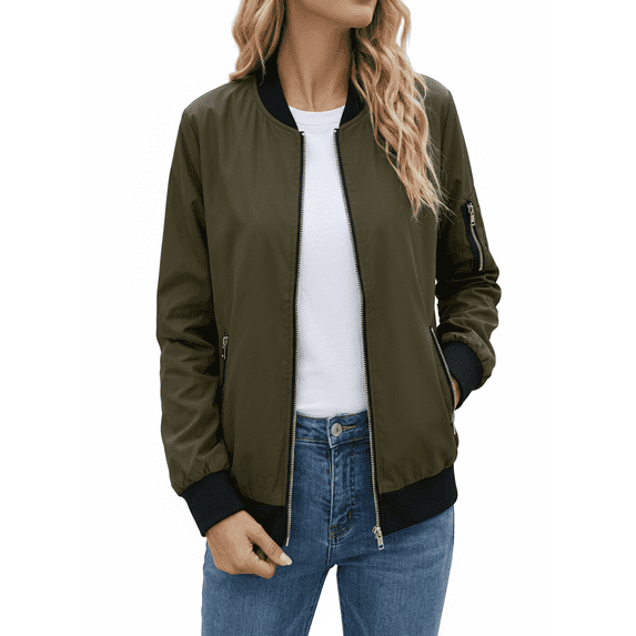 QSAWXQZ Women's Long Sleeve Zip up Bomber Jacket with Pockets Lightweight Mock Neck Casual Outerwear Coat M