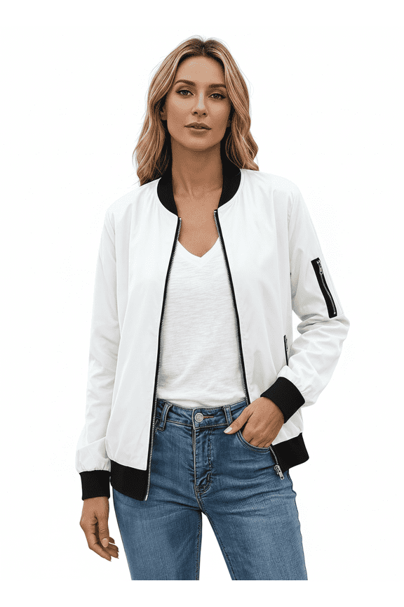 Women's Long Sleeve Zip up Bomber Jacket with Pockets Lightweight Mock Neck Casual Outerwear Coat L