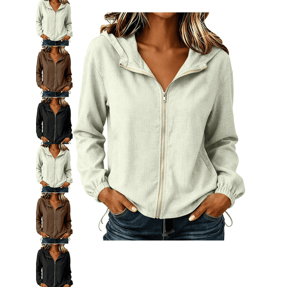 Women's Lightweight Jackets Hoodies Cotton Full Zip Up Casual Long Sleeve Top Solid Color with Pockets