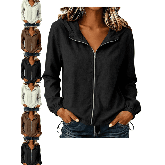 Women's Lightweight Jackets Hoodies Cotton Full Zip Up Casual Long Sleeve Top Solid Color with Pockets