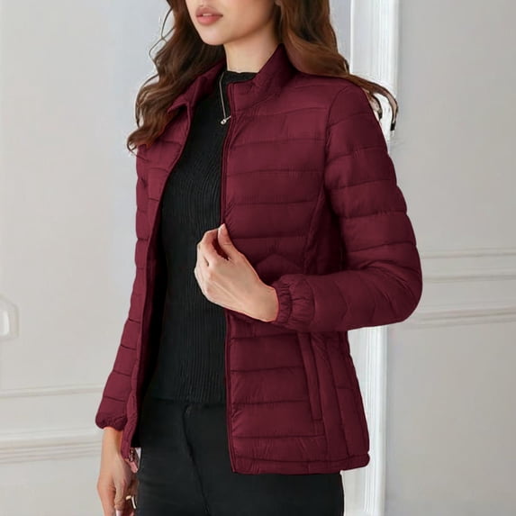 Women's Lightweight Jackets Winter Long Sleeve Quilted Jacket Slim Fitting Outwear Padded Coats with Pockets Wine 4XL