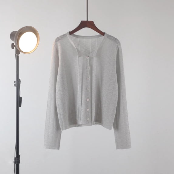 Women's Lightweight Knit Cardigan Sheer V Neck Long Sleeve Button Front Cropped Casual Outwear Tops Gray M
