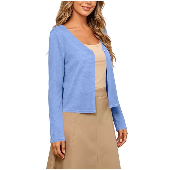 Women's Lightweight Knit Cardigan Single Button V Neck Long Sleeve Cropped Sweater Tops Open Front Summer Cover Ups Outerwear Light Blue