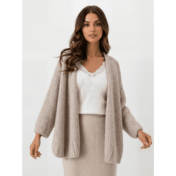 Women's Lightweight Knit Cardigan with Lantern Sleeves Open Front Fall Fashion Sweater Coffee M