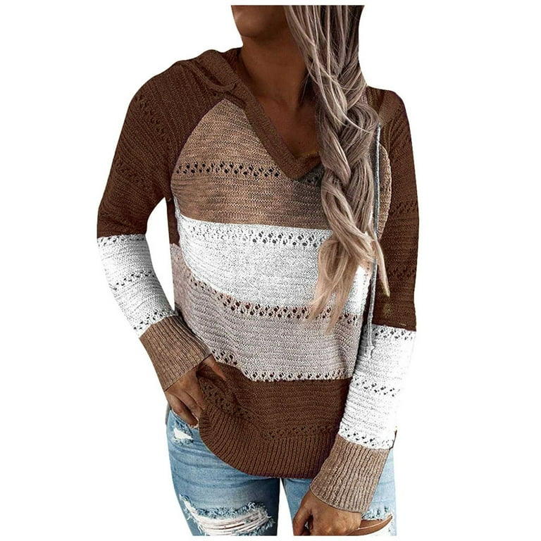 Women s Lightweight Knit Hoodie Sweater Casual Color Block Patchwork Long Sleeves Drawstring Hoodies Fall Fashion Loose Fit Pullover Tops