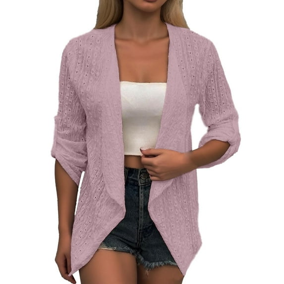 Women's Lightweight Knit Open Front Cardigan Sweater Long Sleeve Lace Trim Solid Color Tops for Spring Fall Casual Wear