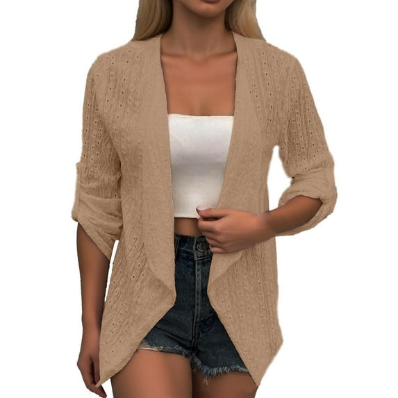 Women's Lightweight Knit Open Front Cardigan Sweater Long Sleeve Lace Trim Solid Color Tops for Spring Fall Casual Wear