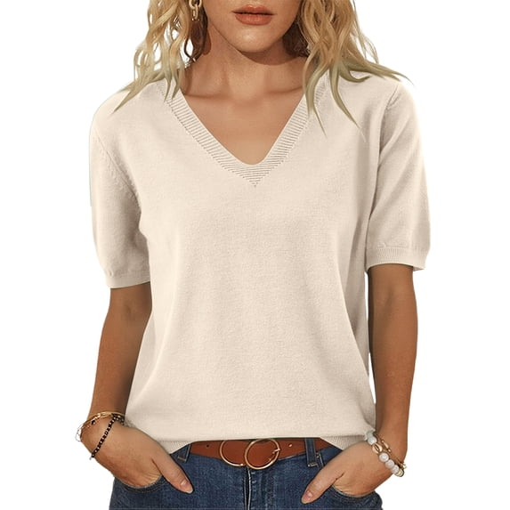 Women’s Lightweight Knit Pullover Short Sleeve Sweater V Neck Loose Fit Soft Breathable Casual Top for Daily Wear Beige L
