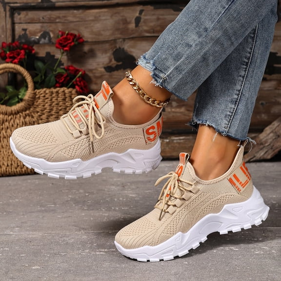Women’s Lightweight Knit Sneakers, Breathable Mesh Walking & Running Shoes, Cushioned Platform Slip-On Trainers with Lace-Up Design for Daily Wear, Travel, Gym, Casual Street Style