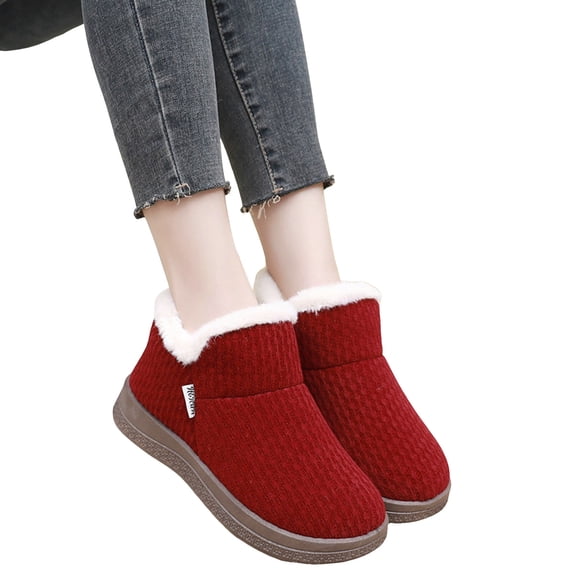 Women's Lightweight Knit Snow Boots Plush Warm Slip On High Top House Slippers Faux Furry Lined Non Slip Ankle Booties Red 7.5