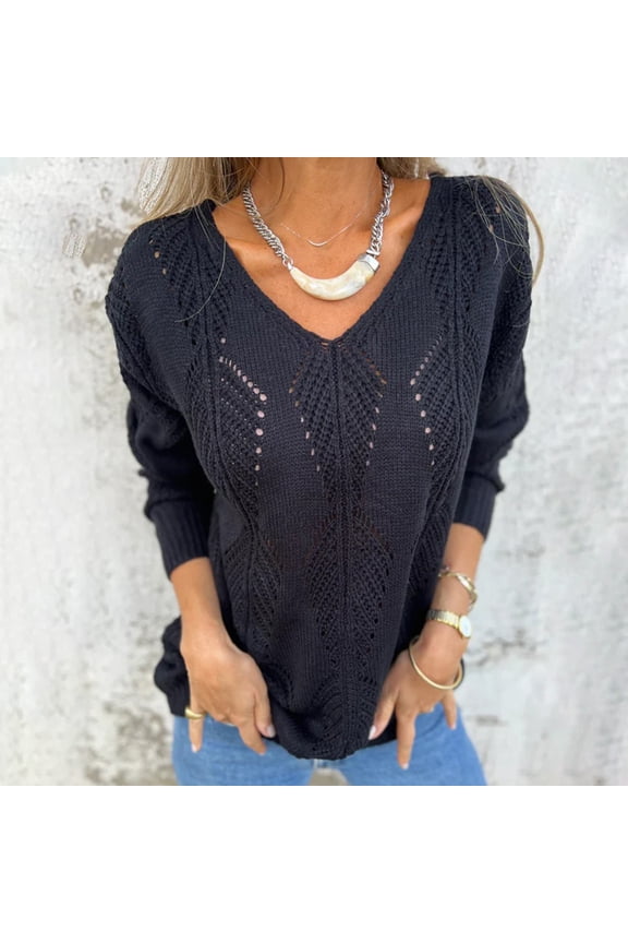 Women's Lightweight Knit V-Neck Pullover Long Sleeve Loose Fit Jumper Dual Sided Wear Reversible Sweater for Autumn Winter Warmth Black L