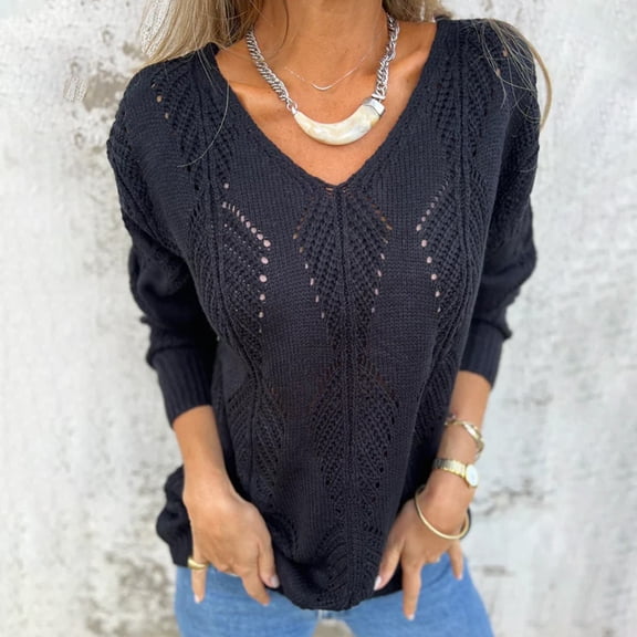 Women's Lightweight Knit V-Neck Pullover Long Sleeve Loose Fit Jumper Dual Sided Wear Reversible Sweater for Autumn Winter Warmth Black S