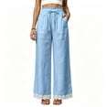 thumbnail image 1 of Women's Lightweight Lace Hem Beach Pants Ruffle Elastic Waist Wide Leg Palazzo Pants Textured Summer Pockets Casual Pants Fashion Bottoms Blue, 1 of 7