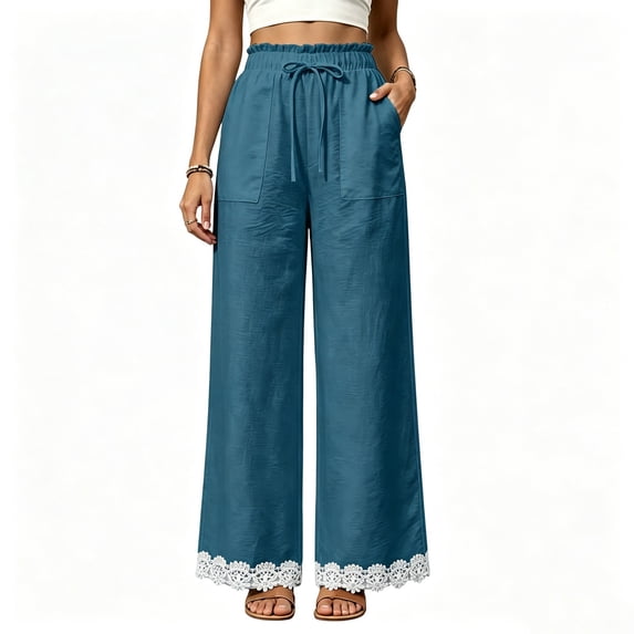 Women's Lightweight Lace Hem Beach Pants Ruffle Elastic Waist Wide Leg Palazzo Pants Textured Summer Pockets Casual Pants Fashion Bottoms Dark Blue