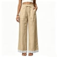 thumbnail image 1 of Women's Lightweight Lace Hem Beach Pants Ruffle Elastic Waist Wide Leg Palazzo Pants Textured Summer Pockets Casual Pants Fashion Bottoms Khaki, 1 of 7