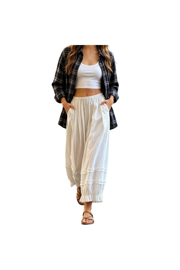 Women's Lightweight Lace Poplin Harem Pants Casual Flowy Fit Delicate Edge Detailing Bloomers Loose Lantern Trousers M