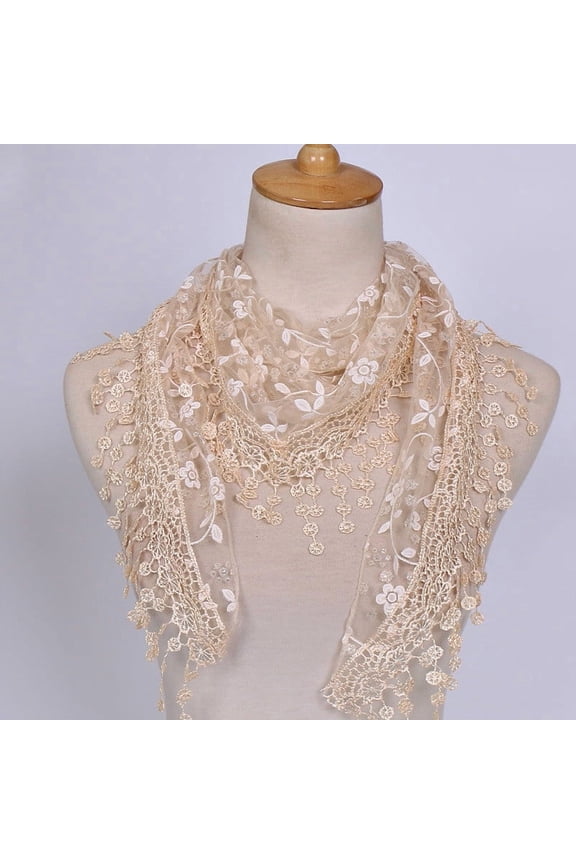 Women's Lightweight Lace Scarf Elegant Chiffon Embroidered Fringes Triangular Floral Crochet Sheer Wrap Scarves Shawl Beige