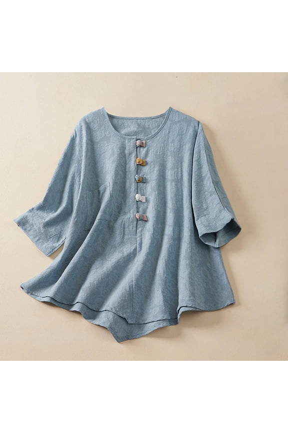 Women's Lightweight Linen Blouse with Frog Buttons and Irregular Hem, Short Sleeve Loose Fit Casual Top, Breathable Summer Cotton Linen T-Shirt Blue L