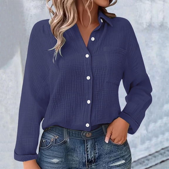 Women's Lightweight Linen Cotton Tunic Long Sleeve Casual Blouse Loose Fit With Pockets And Ruffles For Spring Summer WCJM Dark Blue Linen Shirts For Women Half Shirtslinen Shirt For Women