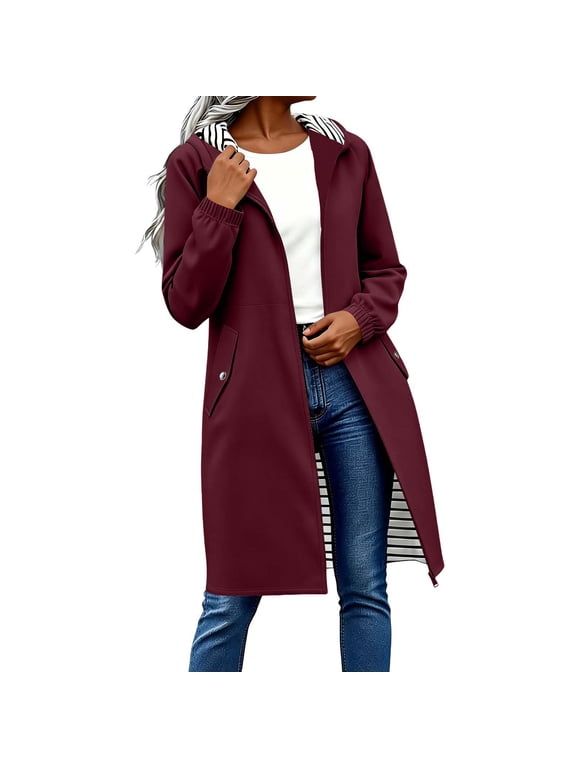 Women's Lightweight Long Rain Jacket Packable Waterproof Raincoat Hooded Outdoor Trench Coats Travel Windbreaker(Wine,L)