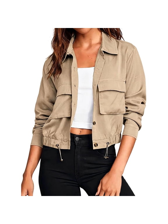 Women's Lightweight Long Sleeve Cropped Shacket Utility Shirt Bomber Jacket Button Down Collared Flap Cargo Pockets for Fall Streetwear, Khaki, S