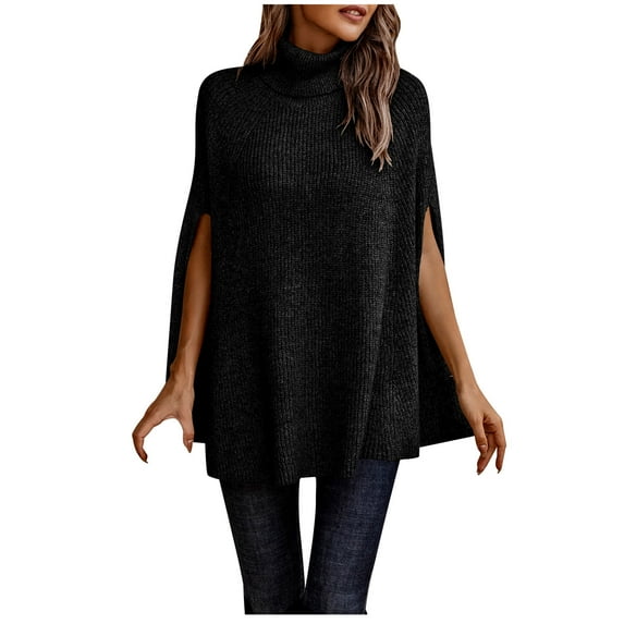 Women's Lightweight Long Sleeve Knit Cape Sweater Turtleneck Solid Color Pullover Tops