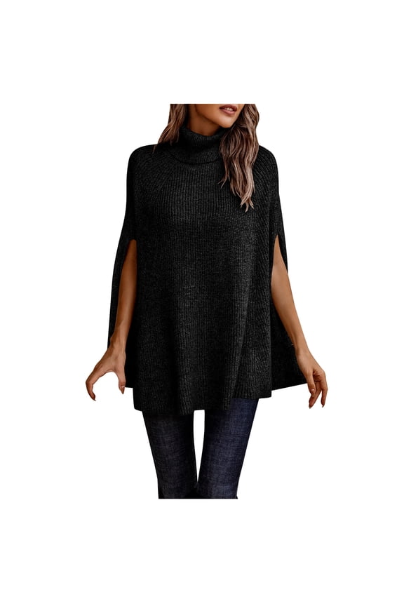 Women's Lightweight Long Sleeve Knit Cape Sweater Turtleneck Solid Color Pullover Tops